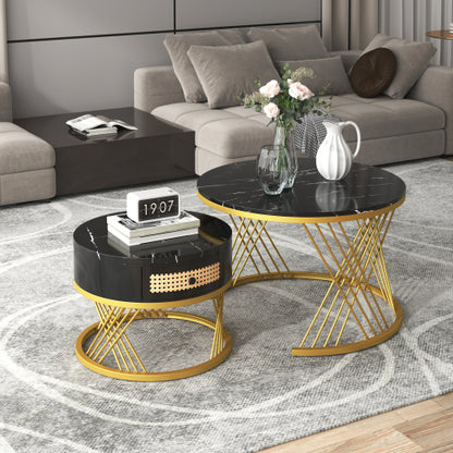 2-in-1 Coffee Table - Round Marble & Rattan