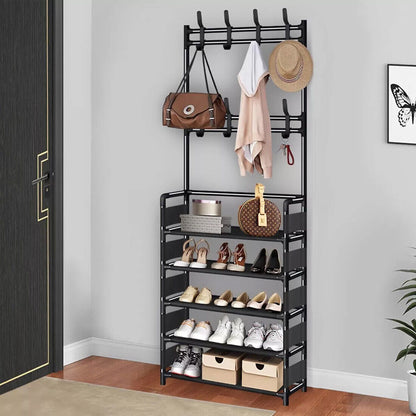 Black Metal Coat Stand with 5-Tier Shoe Rack