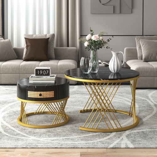 2-in-1 Coffee Table - Round Marble & Rattan